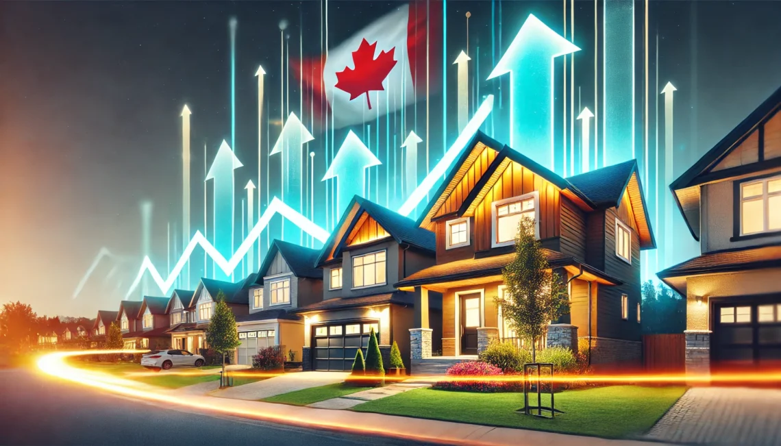 DALL%C2%B7E 2024 12 18 13.30.20 A dynamic and visually engaging image representing Canadas housing market surge designed for a 16_9 aspect ratio. The image features a vibrant Canad 1140x651